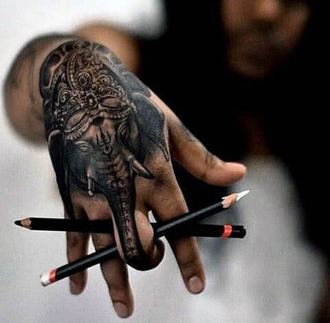 Pencil Art Elephant With Classy Crown Tattoo Males Hands