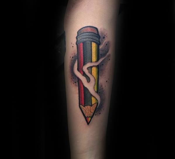 A vibrant pencil tattoo wraps around the forearm, with swirling smoke adding an ethereal touch to the colorful design