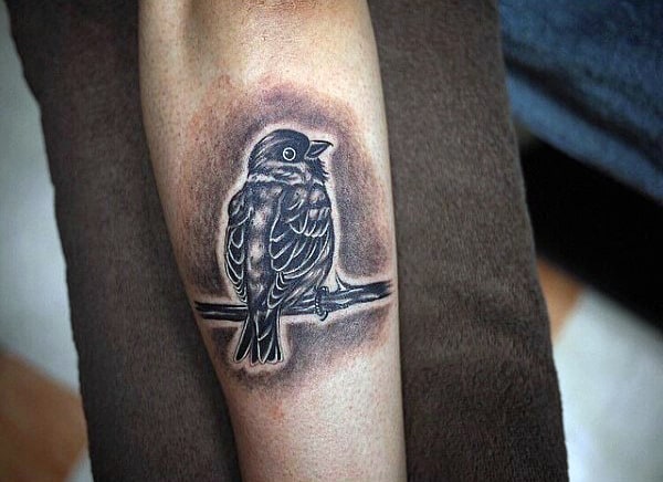 Tattoo of a sparrow bird perched on a branch on the inner forearm