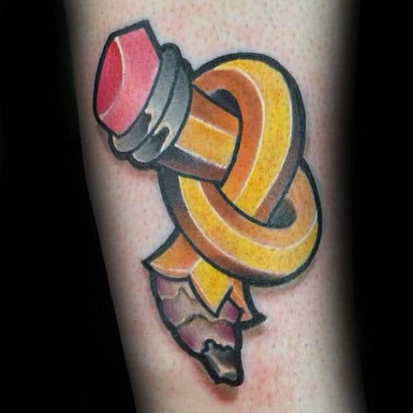 A tattoo of a twisted pencil, complete with a red eraser and broken tip, elegantly graces the skin, capturing the essence of creativity and resilience