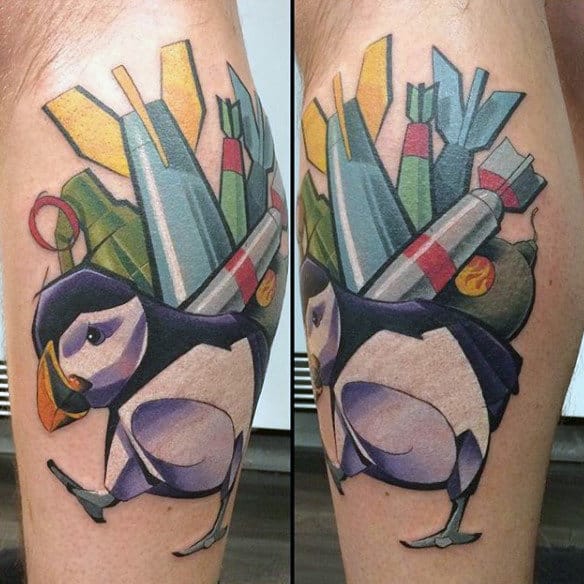 Penguin Carrying Missles Graffiti Tattoo On Back Of Leg Calf For Men