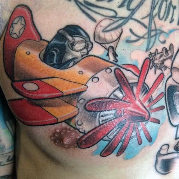 Penguin Flying Plane Mens Chest Tattoos