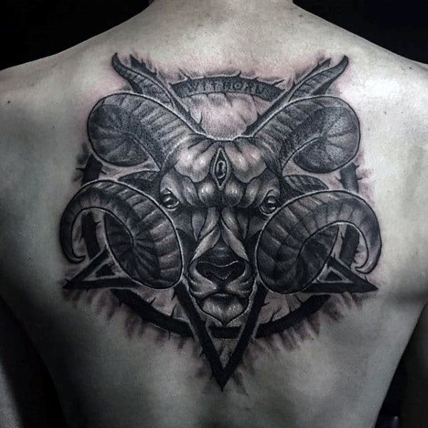 Pentagram Male Goat Shaded Black And Grey Ink Upper Back Tattoos