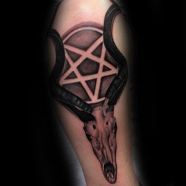 Pentagram Negative Space Goat Skull Guys Arm Tattoo