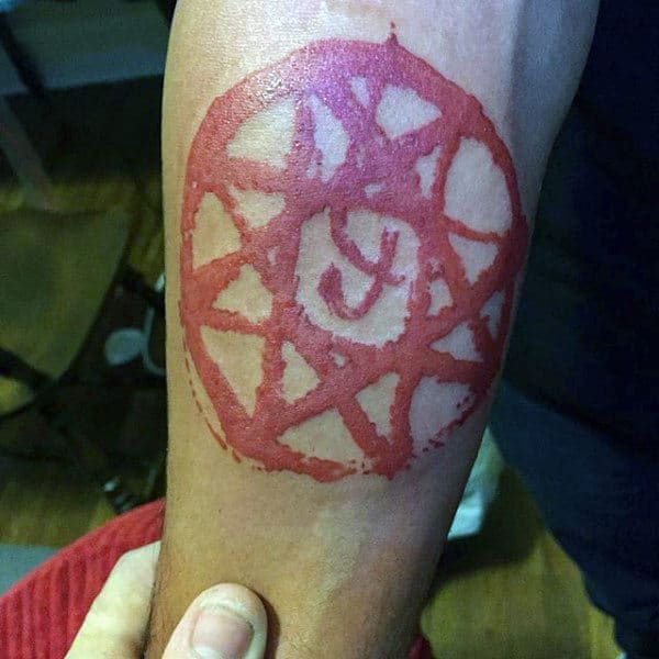 Pentagram Red Ink Inner Forearm Tattoos For Guys