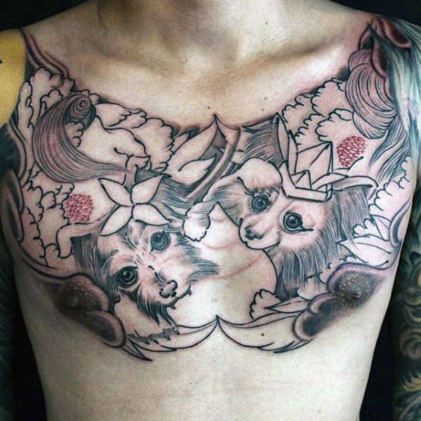 Peony Dogs Guys Chest Tattoos