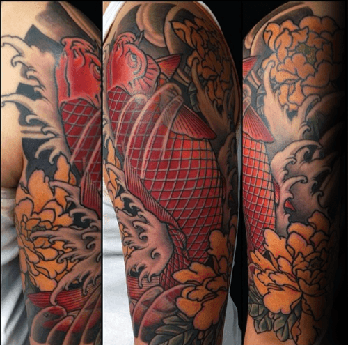 Peony Mens Half Sleeve Japanese Koi Fish Tattoo Designs