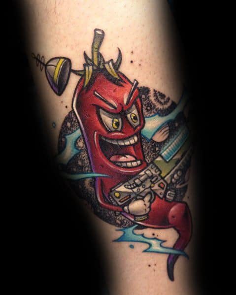 Cartoon-style chili pepper tattoo with an intense expression, robotic elements, and electric energy, creating a bold and dynamic design.