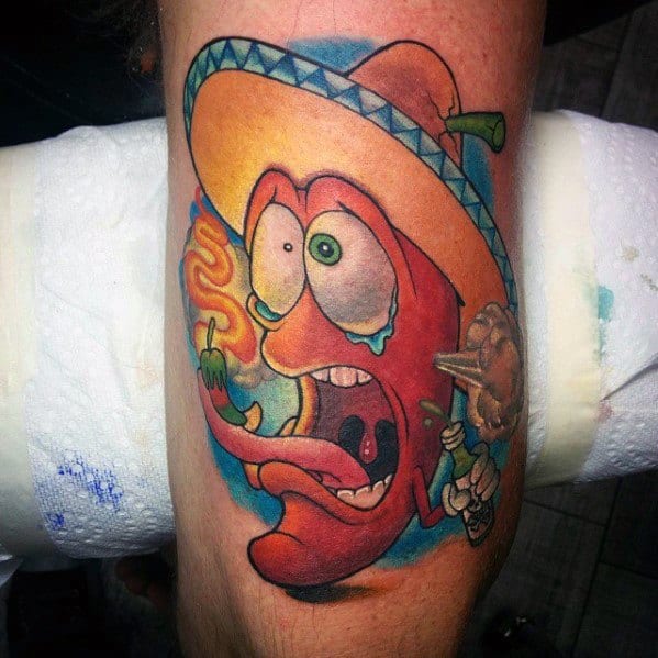 Cartoon-style chili pepper tattoo wearing a sombrero, sweating and holding a spicy taco, with bold colors and expressive details for a fun design.