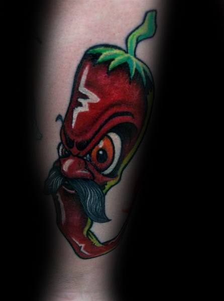 Cartoon-style chili pepper tattoo with an angry expression, bold shading, and a curled mustache, creating a fierce and dynamic design.