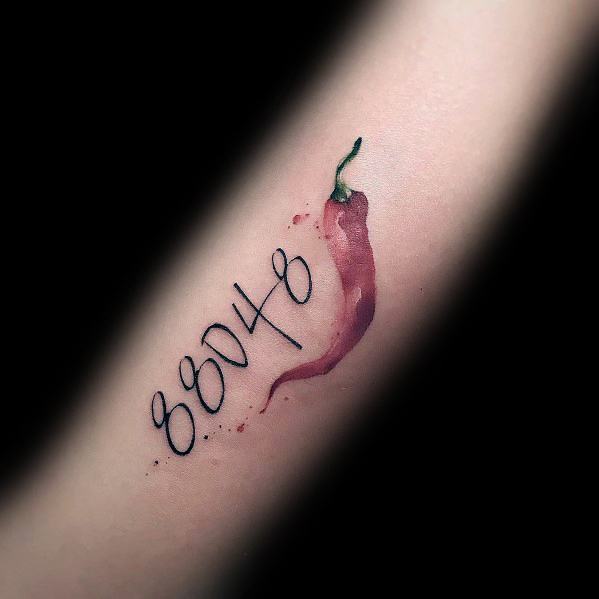 Minimalist chili pepper tattoo with a watercolor effect, paired with the number "88048" in elegant script for a unique and artistic design.