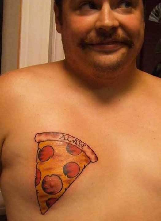 A colorful tattoo of a large, realistic pepperoni pizza slice on the chest, with a banner reading 'MOM' on the crust, blending humor and love.
