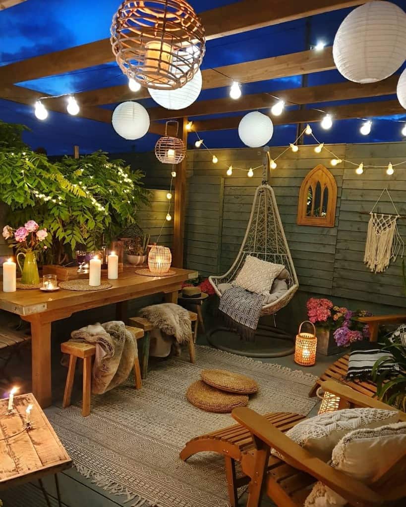 boho style patio with wood pergola 