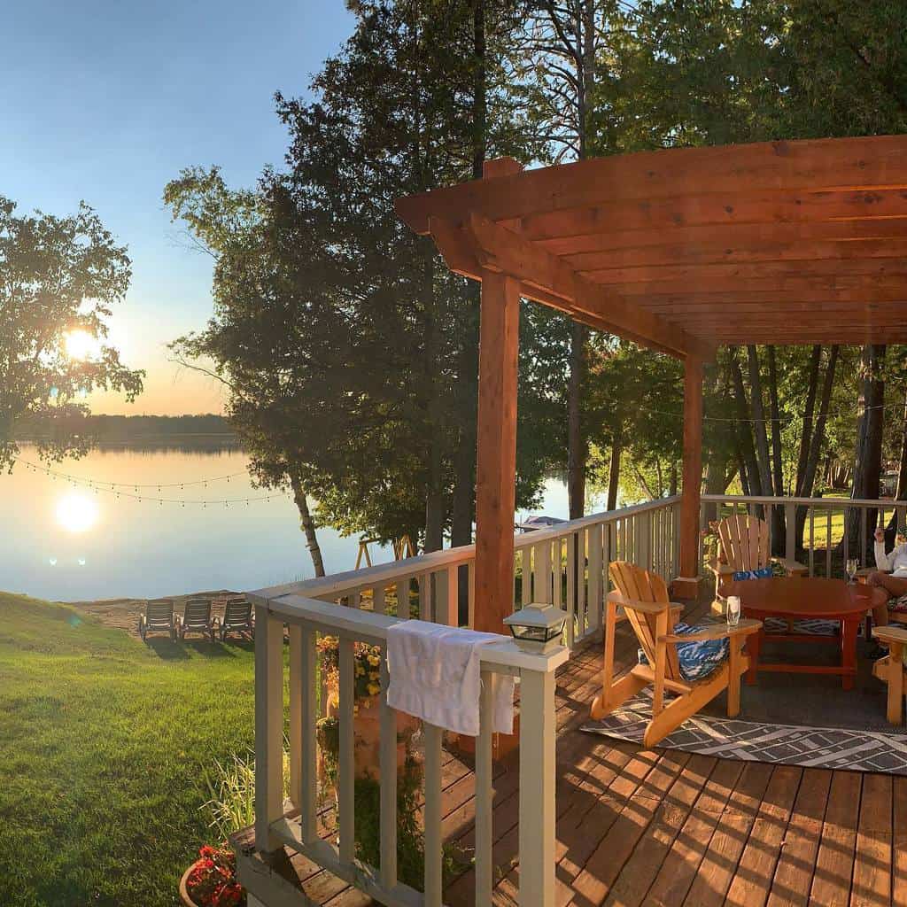 wood pergola patio shade near river