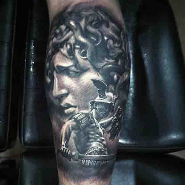 Perseus Sword Medusa Head Tattoo On Mans Leg Calf