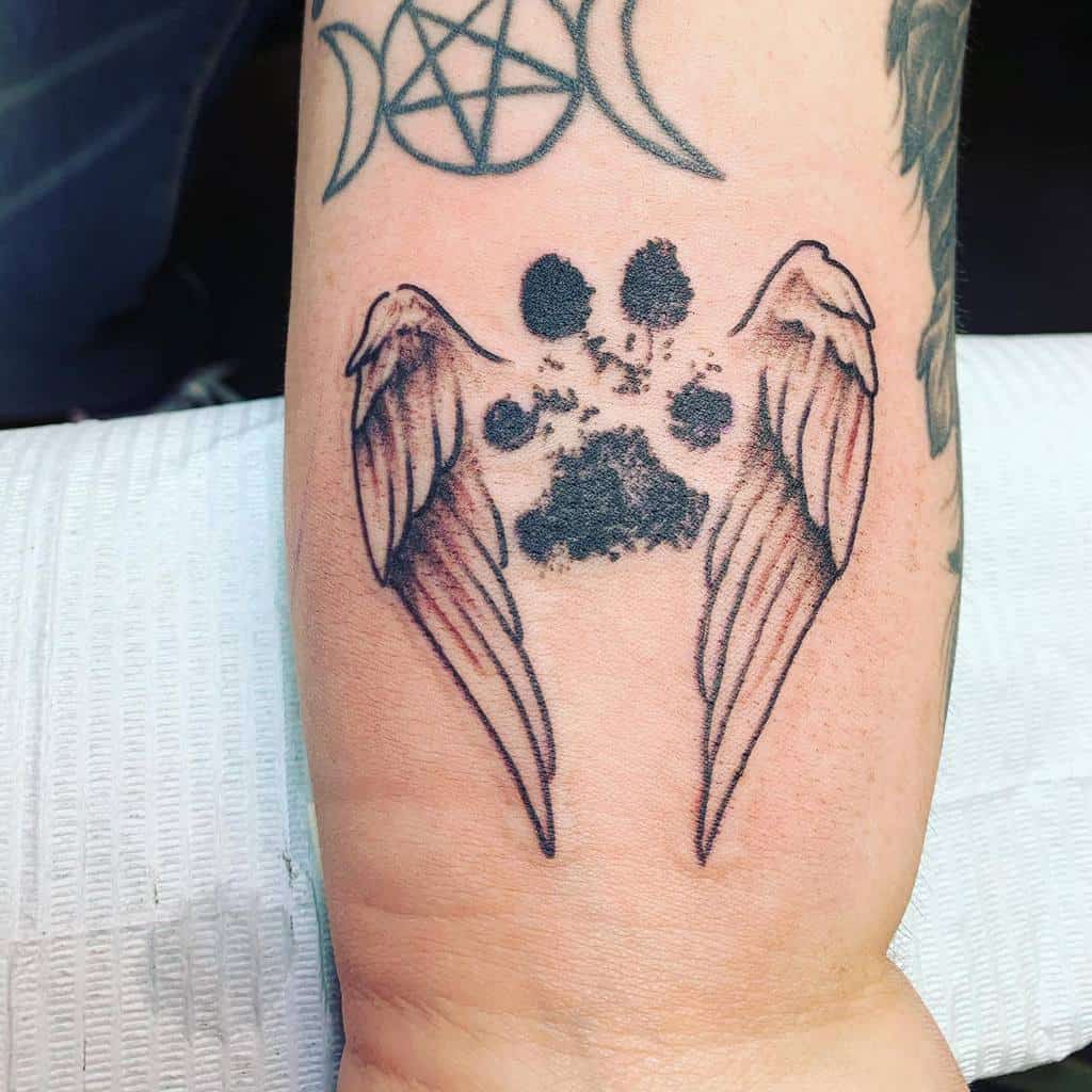 Tattoo of angel wings with a paw print in the center, and a Pentagram with crescent moons above it