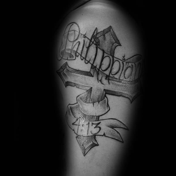 Philippians 4 13 With Banner And Cross Mens Arm Tattoos