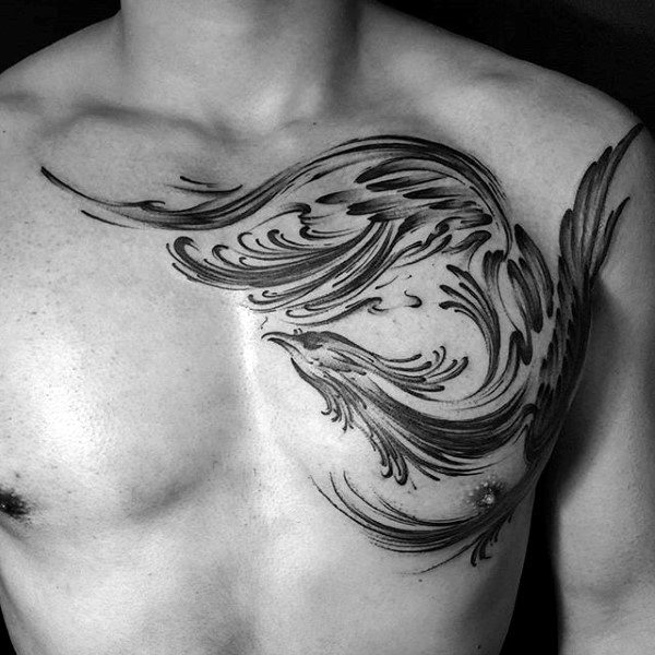 Phoenix Brush Stroke Male Chest Tattoo