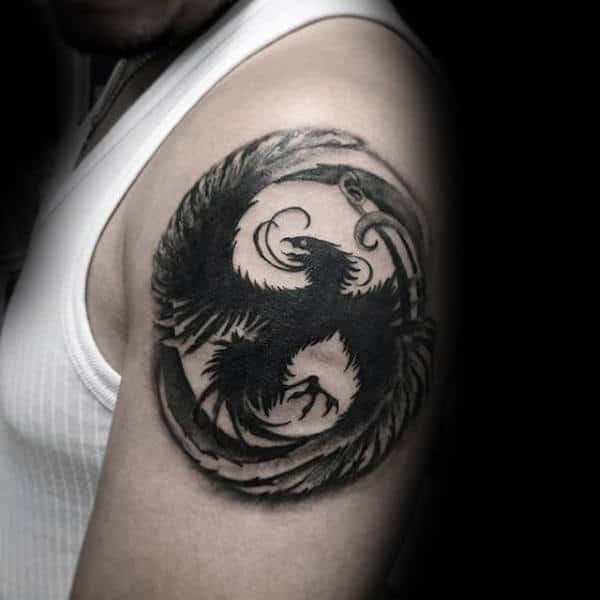 Phoenix Mens Black Ink Circular Upper Arm Tattoo