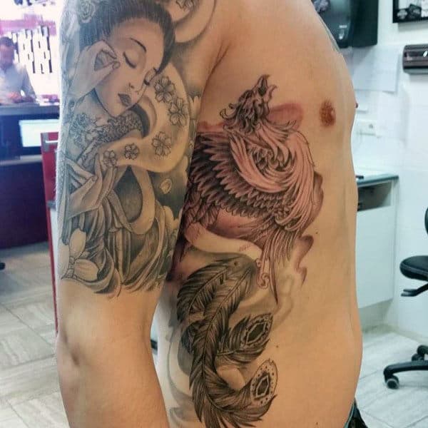 Phoenix Sleeve Men's Tattoos On Rib Cage Side