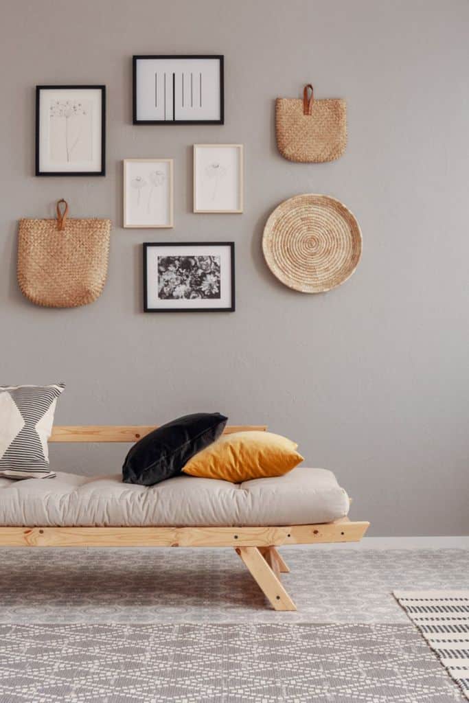 simple living room with photo and art wall hangings 