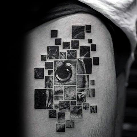 Photograph Style Mens Geometric Owl Realistic 3d Tattoo On Thigh