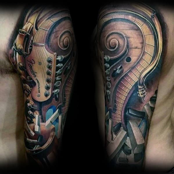 Piano Keys With Guitar Mens 3d Music Themed Sleeve Tattoo Ideas