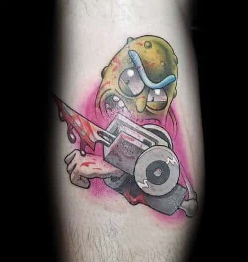 Pickle Rick tattoo with a fierce expression, wielding a bloody saw weapon, featuring bold colors and intense shading on the arm.