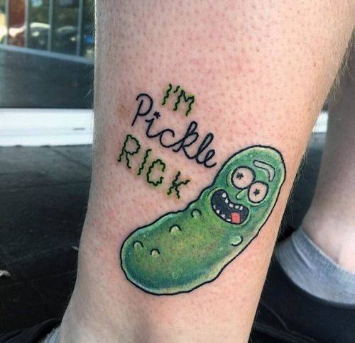 Small Pickle Rick tattoo with a playful design, featuring bold green shading and 'I'm Pickle Rick' text in a fun, cartoonish font on the ankle.