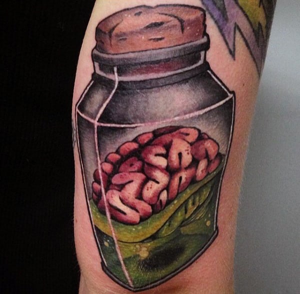 Pickled Brain In Jar Tattoo Male Arms
