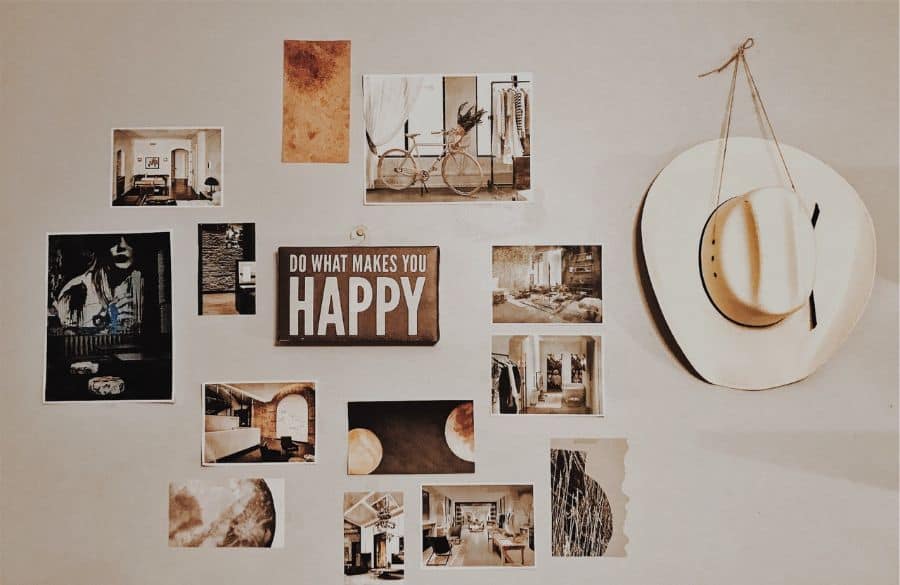 personal picture wall with hanging hat