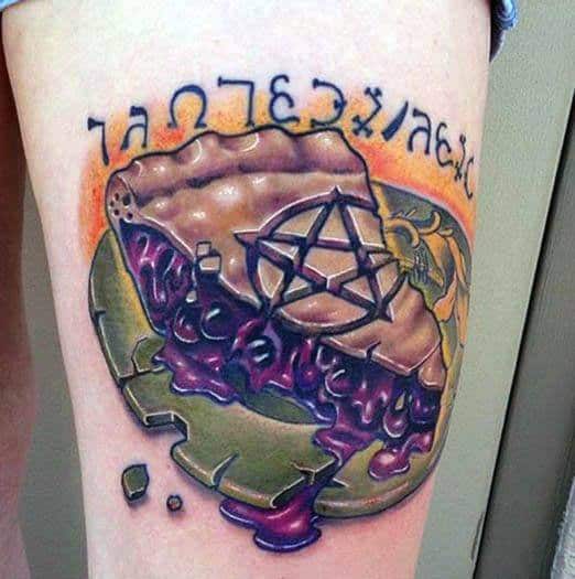Mystical pie tattoo with dripping purple filling, a pentagram crust, and arcane script, blending fantasy, occult, and surreal elements