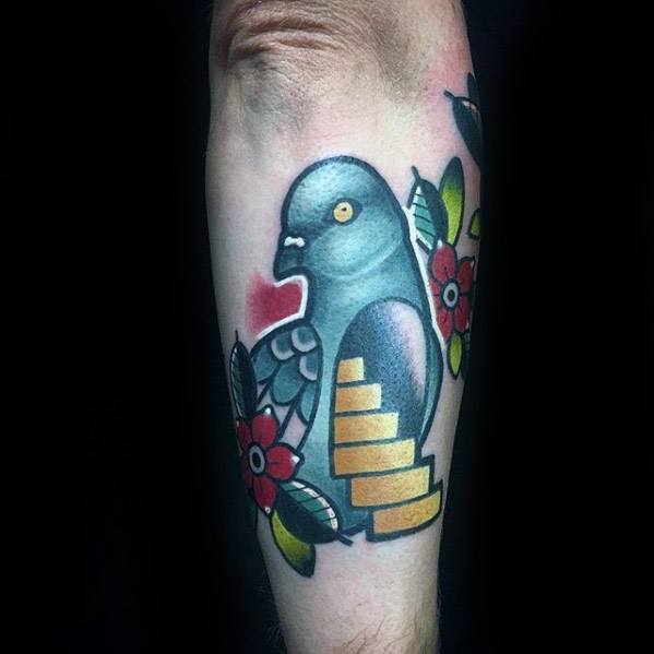 Traditional-style pigeon tattoo with bold colors, stair elements, and red flowers, blending symbolism of growth, love, and nostalgia.