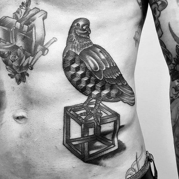 Surreal black and grey pigeon tattoo with geometric patterning, perched on an impossible cube, blending realism with optical illusion.