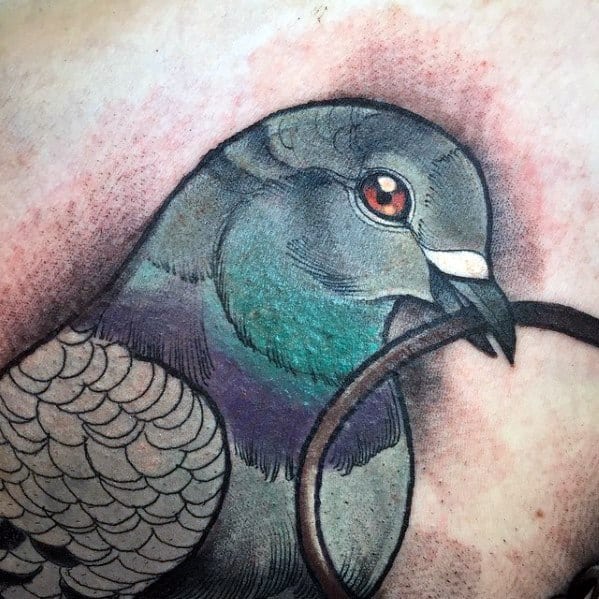 Close-up pigeon tattoo with soft color gradients and shimmering green neck feathers, holding a looped wire in its beak for added detail.