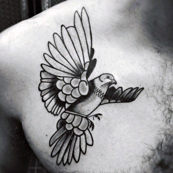 Bold blackwork pigeon tattoo on chest with spread wings in flight, featuring thick outlines and classic shading in a traditional style.