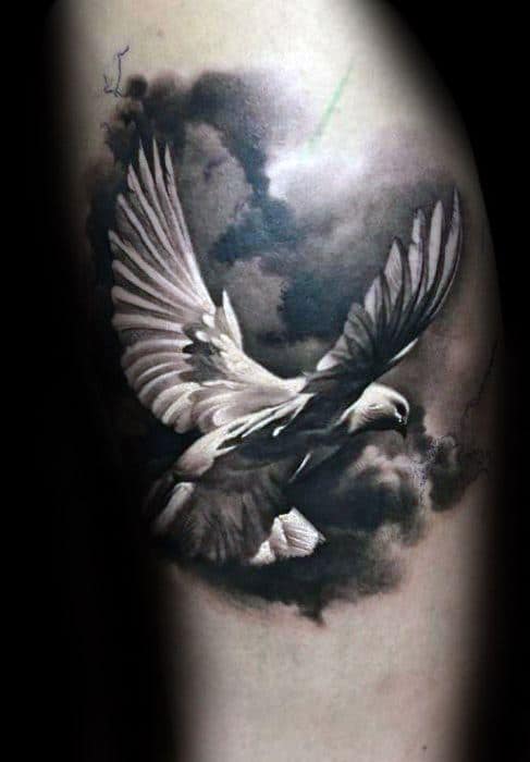 Realistic dove tattoo in flight against dramatic storm clouds, using high contrast black and grey shading to evoke peace rising from chaos.