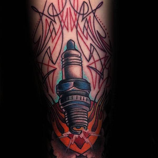 Pin Stripes Spark Plug Mens Arm Tattoos
