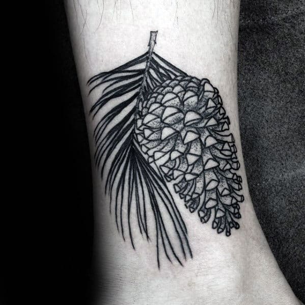 Pine Needles With Cone Mens Lower Leg Tattoo