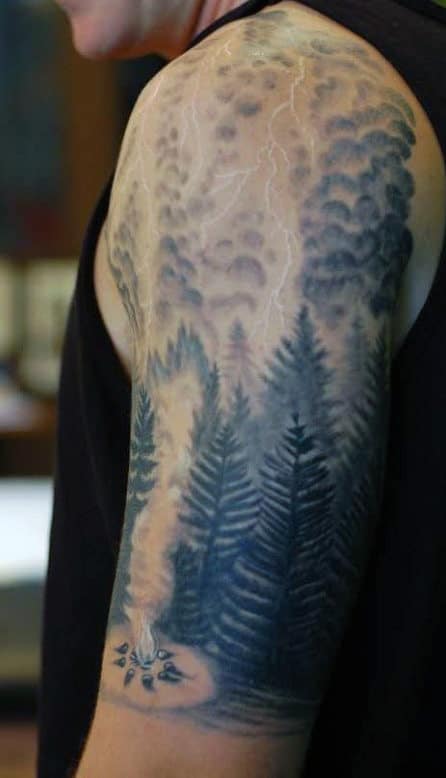 Pine Tree Camping Forest Lightning Tattoo For Men