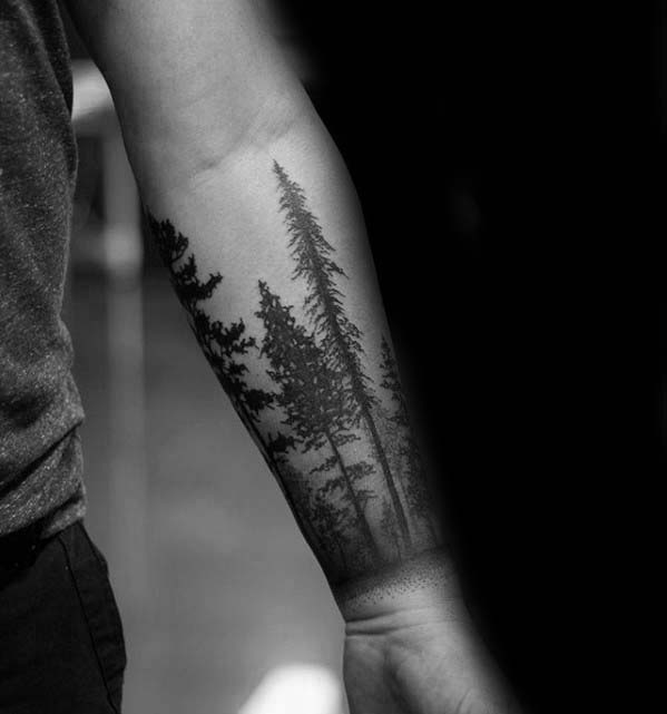 Pine Tree Forest Badass Male Forearm Tattoos