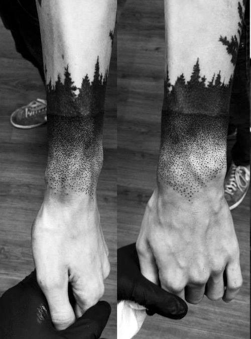 Pine Tree Forest Pointillism Mens Wrist Tattoos