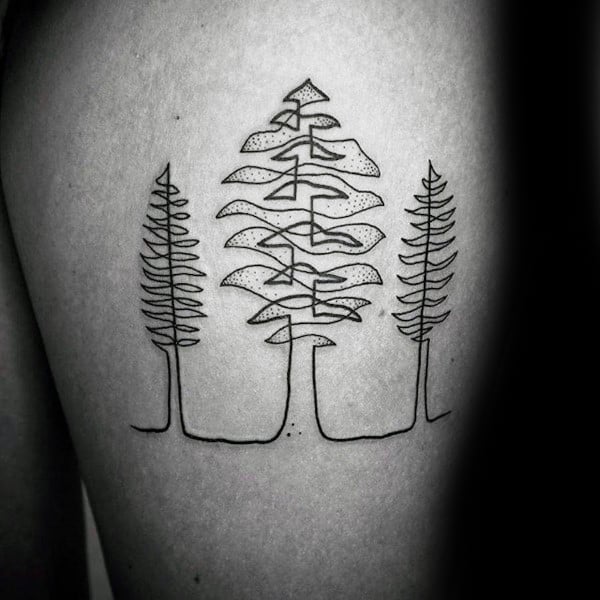 Line art tattoo of three stylized trees with geometric shapes on skin