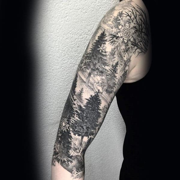 Pine Tree Sleeve Mens Shaded Black And Grey Tattoo Designs