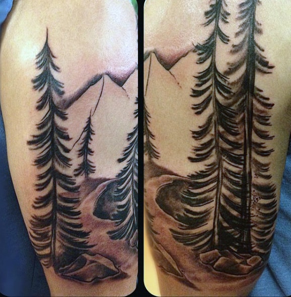 Mountain And Pine Tree Tattoos For Guys
