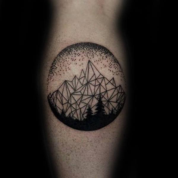 Pine Trees Mountains Circle Dotwork Tattoos For Guys On Leg Calf