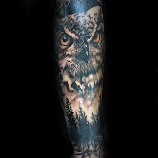 Pine Trees With Owl Sleeve Tattoo Design Ideas For Men