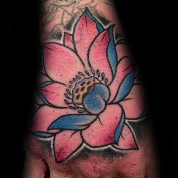 Pink And Blue Lotus Flower Mens Hand Tattoos