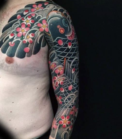 Pink Florals And Grey Japanese Sleeve Tattoo For Males