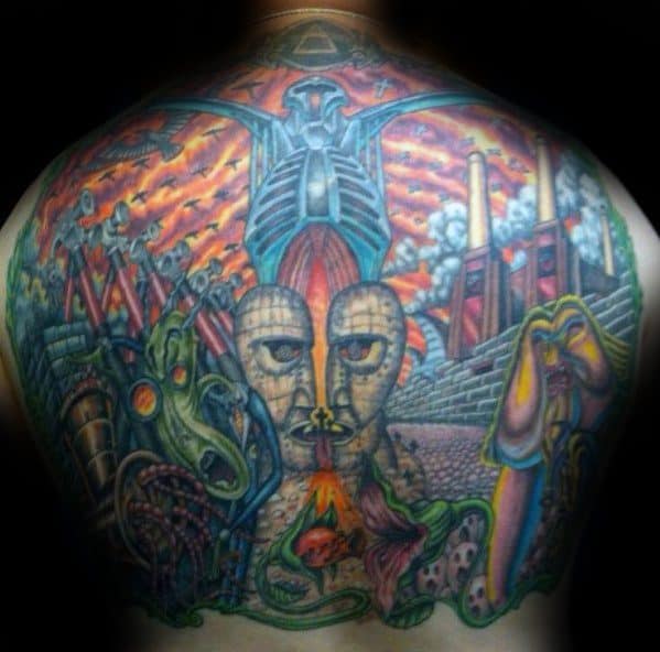 Pink Floyd Themed Full Back Tattoos For Men